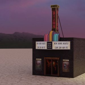 Rendering of an art deco theater with a neon marquee, at sunset in a desert landscape.